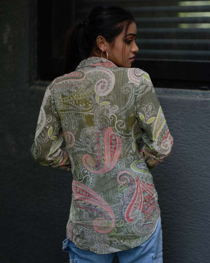 Olive-green Paisley printed shirt.